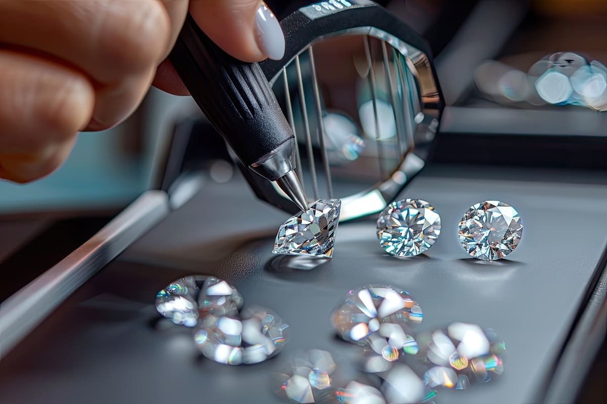 Local de trabalho do avaliador de diamantes no comércio de diamantes.