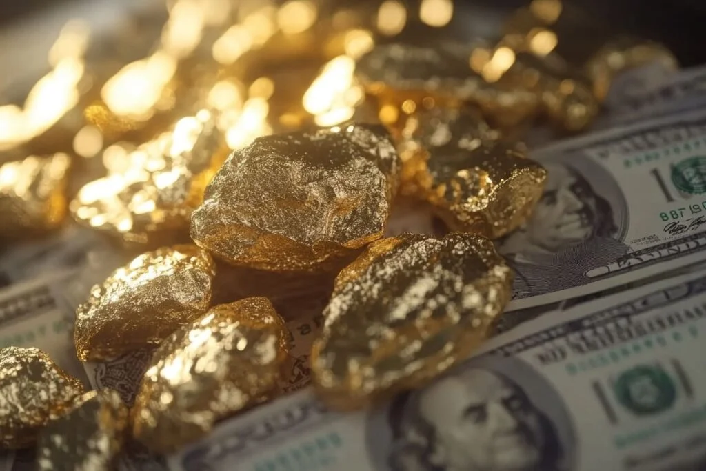 peças de ouro e notas de dólar - conceito de negócios.