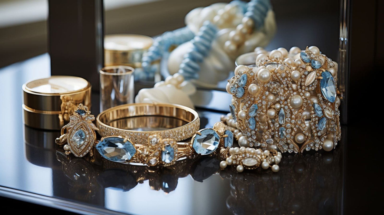 Coleção de joias elegantes em exposição com detalhes em ouro, pérolas e pedras preciosas azuis.