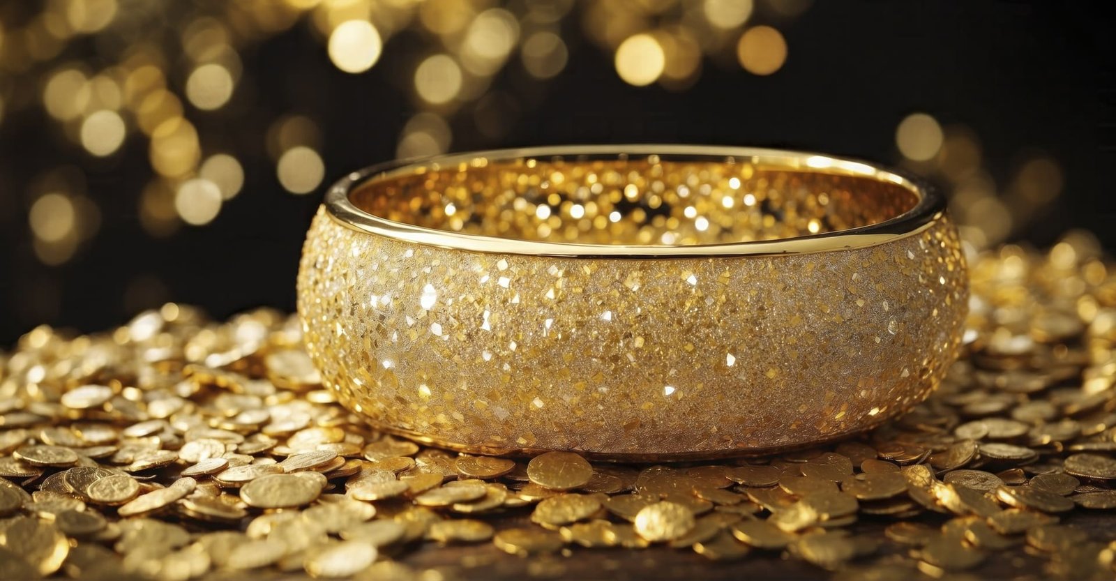 Bracelete de ouro brilhante em meio a moedas douradas.