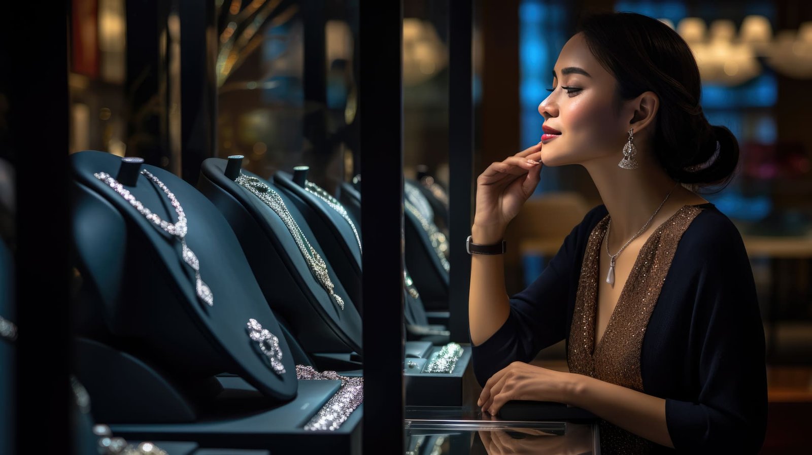 Mulher elegante observando joias em uma vitrine de luxo, refletindo sobre sua beleza e valor.